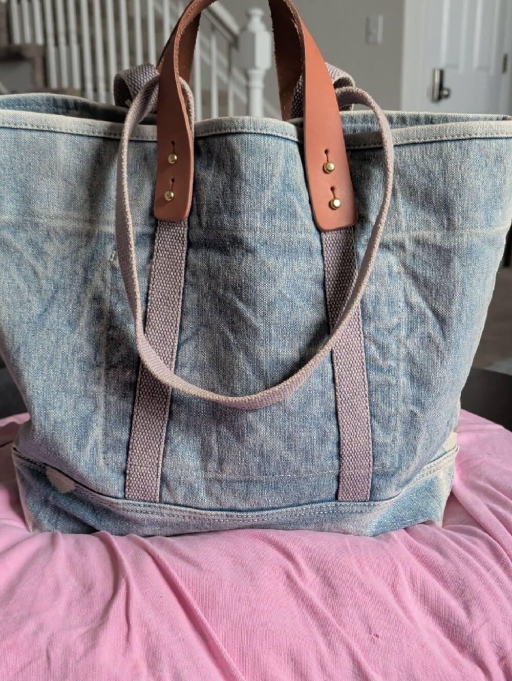 Immodest Cotton Washed Blue Denim Tote with Pink Accents and Leather Handles - Picture 3 of 7